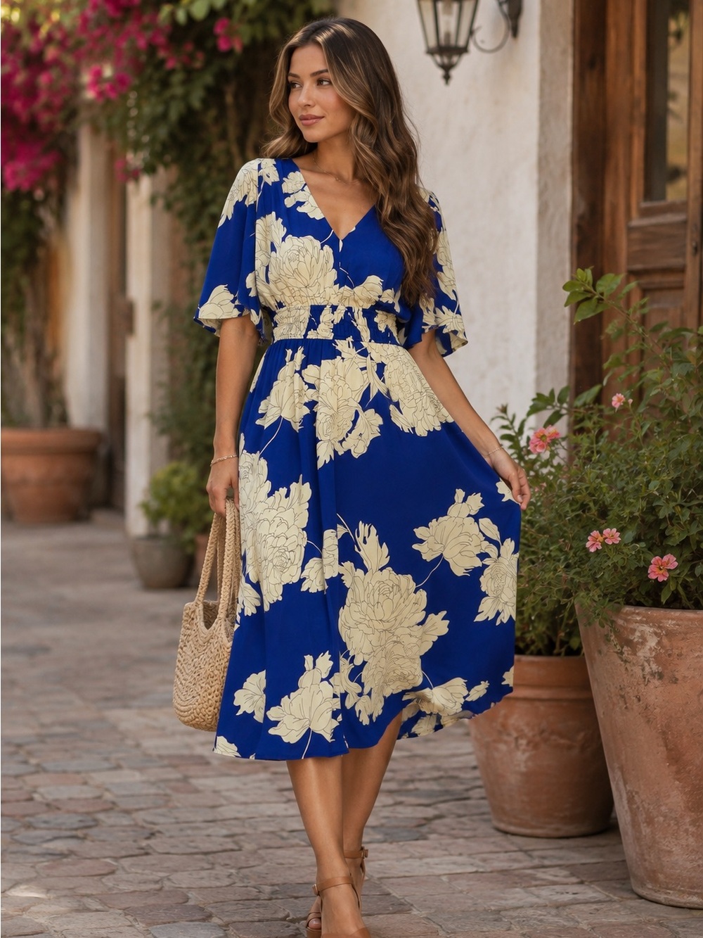 She + Sky Royal Blue Maxi Dress with Cream Floral Print